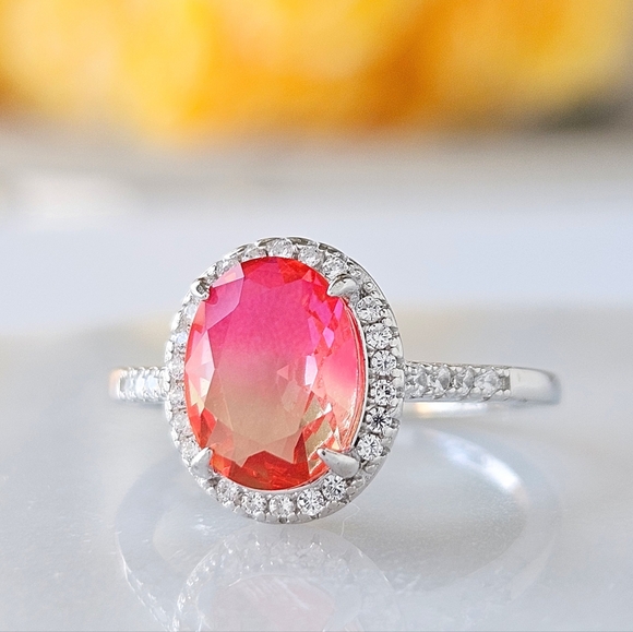 Pink & Peach Oval Gemstone Ring, 925 Sterling Silver Charmed Aroma - Picture 3 of 3
